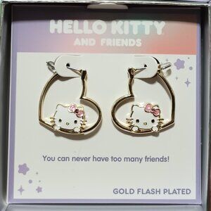 NWT ~  Sanrio Hello Kitty Flash Gold Plated Heart-Shaped Hoop Earrings (1" X 1")